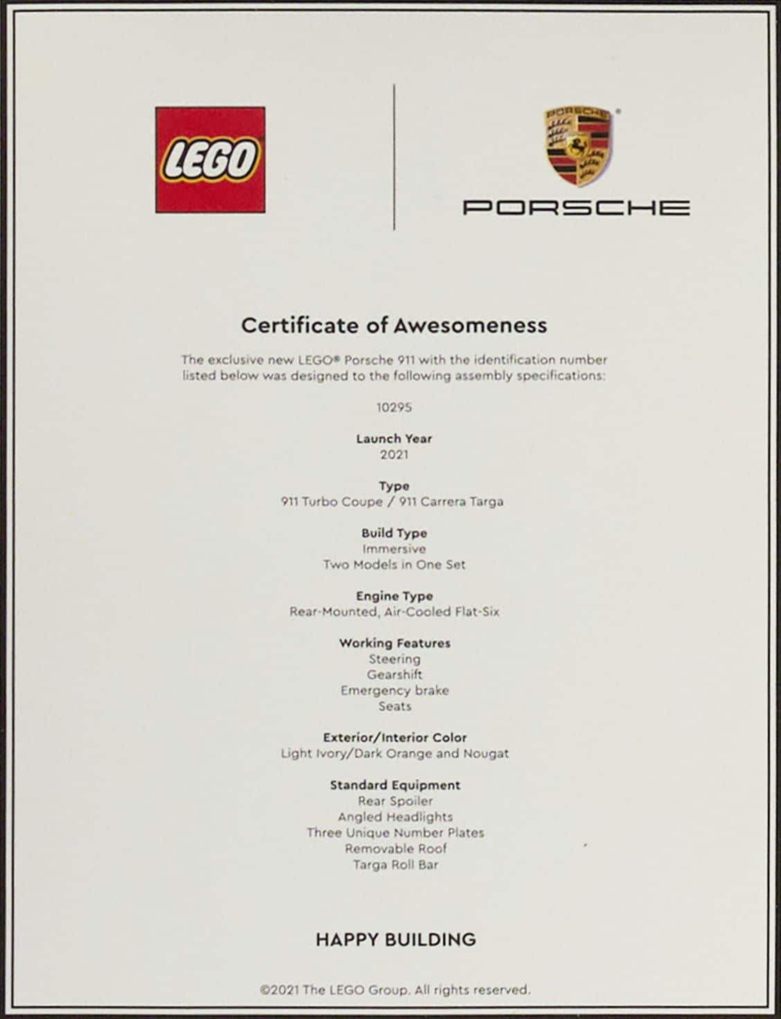 LEGO 10295 Porsche Gwp Zertifikat