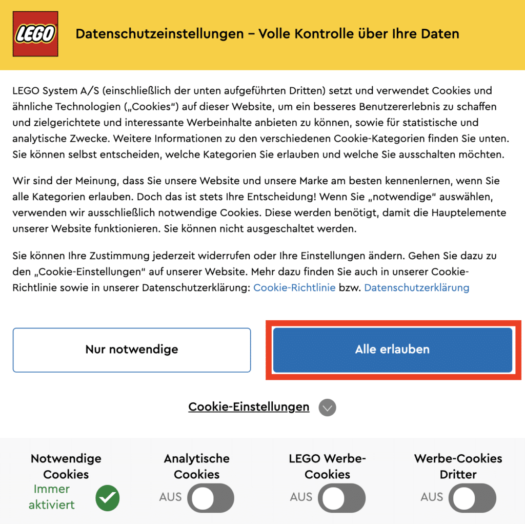 LEGO Online Shop Cookie Abfrage 2