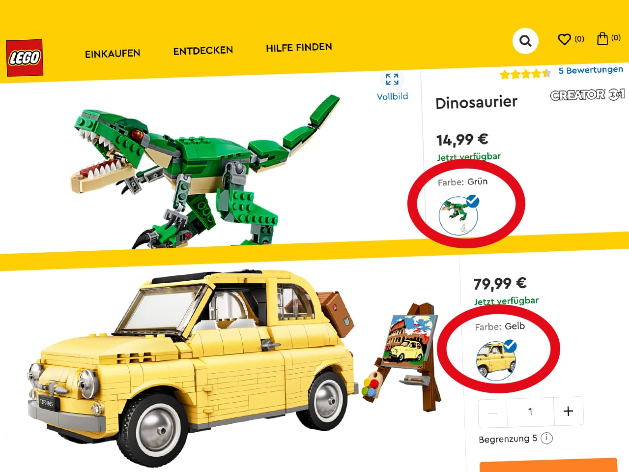 LEGO Onlineshop Farbvariationen