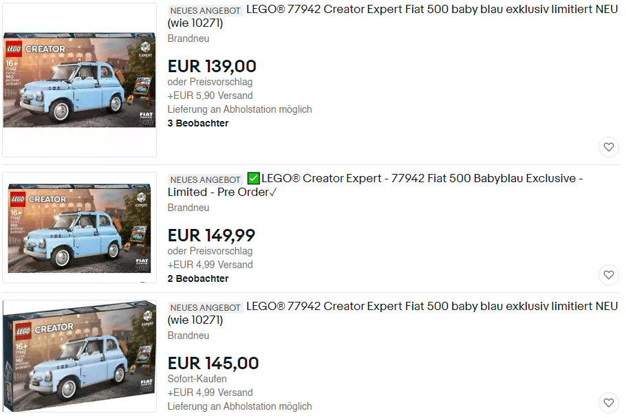 Der LEGO 77942 Fiat 500 in blau bei eBay