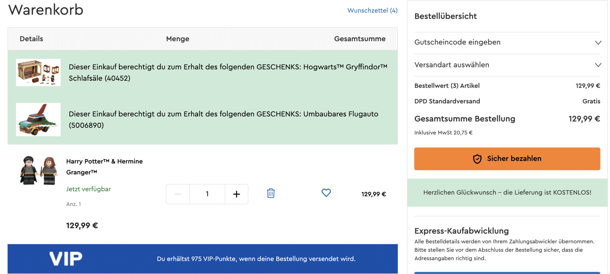 LEGO Harry Potter Gratisbeigabe Warenkorb Beispiel